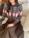 Cren Argyle Puff Knit Cardigan