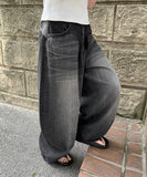 [unisex] Balon Lettering Washing Denim Black Blue Balloon Wide Pants