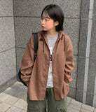 [BAONHAUS] Almeve Peach Fuzz Check Over Hood Shirt
