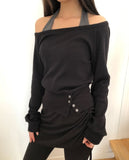 [Sleeveless SET/Layered] Hamin Halter Waffle Off-Shoulder Sweatshirt