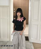 Mki Flower Slit Boat Neck Two-tone Short Sleeve T-shirt