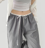 Summer Color Matching Stripe Banding Wide Pants