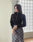 Levin Puff Pearl Button Frill Lace Turtleneck Knit