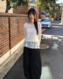 Ui punching ribbon strap round neck see-through long-sleeved knit