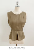 Okan Round Neck Pintuck Sleeveless Blouse (Belt Set)