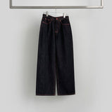 Raw Unique Red Stitch Heart Point Embroidery Wide Denim Pants