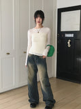 Wick Yellow Washing Slit Long Wide Denim Pants