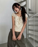 Dot Ribbon Shirring Puff Off-Shoulder Short Sleeve