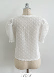 Bullet-Dot Wrinkle Jacquard Puff Sleeve Tee-Blouse