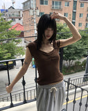 Lina Heartneck Punching Cap Sleeve Shirring Short Sleeve T-Shirt