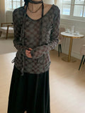 [Scarp set] Feld Checkered See-through Shirring Long Sleeve T-shirt