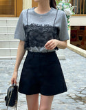 Churing Lace Bustier Lettering Short Sleeve Knit