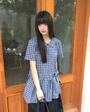 Purip Ribbon Strap Round Collar Check Mini One-Piece Dress