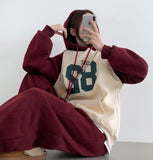 Color Matching Raglan 82 Printing Loose Fit Brushed Hoodie