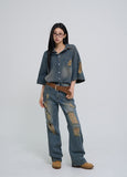 Sia damage washed denim short-sleeved shirt