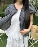 Hichu Stripe Frill Lace Ribbon Short Sleeve Blouse