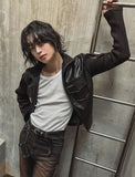 [LANARCH] Amber Leather Pocket Neck Zip-Up