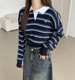 Color Matching Hem Banding Stripe Long Sleeve Knit