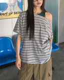 Mats Stripe One Off Shoulder Overfit Short Sleeve T-Shirt
