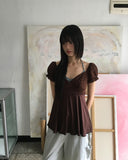 Kiaco Heart Neck Puff Ribbon Punching Short Sleeve Blouse