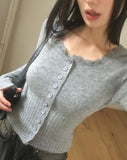 Shaltie Lace Square Neck Ribbed Knit Cardigan