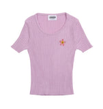 Pink Flower Dot Embroidery Crop Short Sleeve Knit