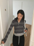 Near angora fur color matching stripe two-way diagonal zipper long sleeve knit