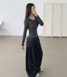 V-neck Side Shirring Point Daily Slim Fit Long Sleeve T-shirt