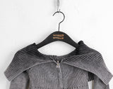 Elfu Gradient Two-Tone Off-Shoulder Ribbed Two-Way Long Sleeve Knitwear Zip-Up