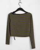 Sable One Shoulder Unbalanced Strap Stripe Long-Sleeved T-Shirt
