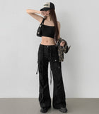 Waist Strap Low Waist Pocket Shirring Pin Tuck Wide Bootcut Pants