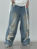 Necked raw damaged denim