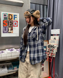 Leaf Hooded Layered Check Shirt