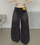 Brushed Hem Snap Jogger Wide Denim Pants