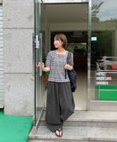 Igets Square Neck Check Short Sleeve Blouse
