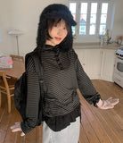 Toymo Stripe Hood Button Long Sleeve Tee
