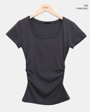 NER Deep U-Neck Round Side Shirred Short Sleeve T-Shirt