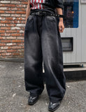 Side pin tuck washed wide denim pants
