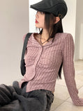Tully Bokashi Shirring Ribbed Collar Button Long Sleeve Cardigan