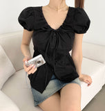 Balloon Soft Fit Ribbon Strap Short Sleeve Blouse