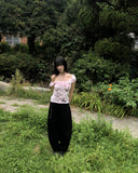 Rosen Flower Print Shirring Short Sleeve T-Shirt