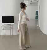 Color Matching Banding Side Zipper Pintuck Wide Slacks Pants
