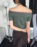 Rutot Stripe Color Matching Off-Shoulder Short-Sleeved T-Shirt