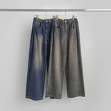 Stripe Folding Hem Snap Wide Denim Pants