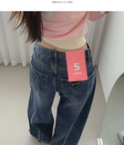 Two-Pocket Back Pocket Curved Cut Line Wide Denim Pants