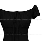 Noir Ribbon Shirred Cap Sleeve Short Sleeve
