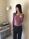 Jitel Vintage Stripe Deep U Neck Long Sleeve T-Shirt