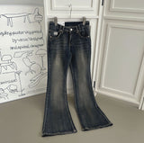 Vintage Washing Patch Embroidery Slim Fit Bootcut Low Denim Pants