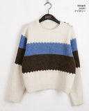 Wool Stripe Color Matching Button Round Long Sleeve Knitwear