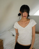 Ivey Floral Shirring V-Neck Short Sleeve T-Shirt